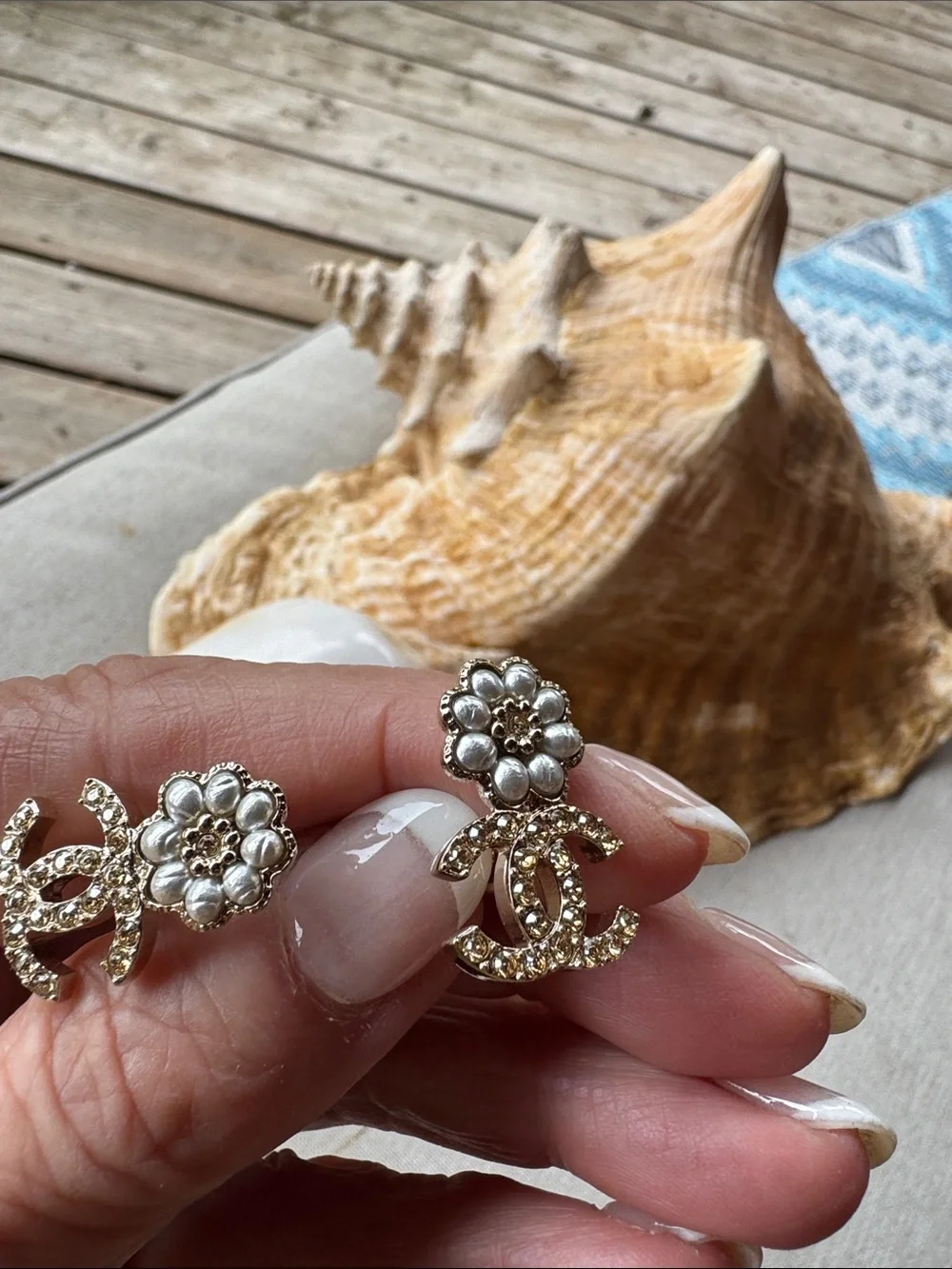 CHANEL Gold and White Camellia CC Crystal Clips Earrings